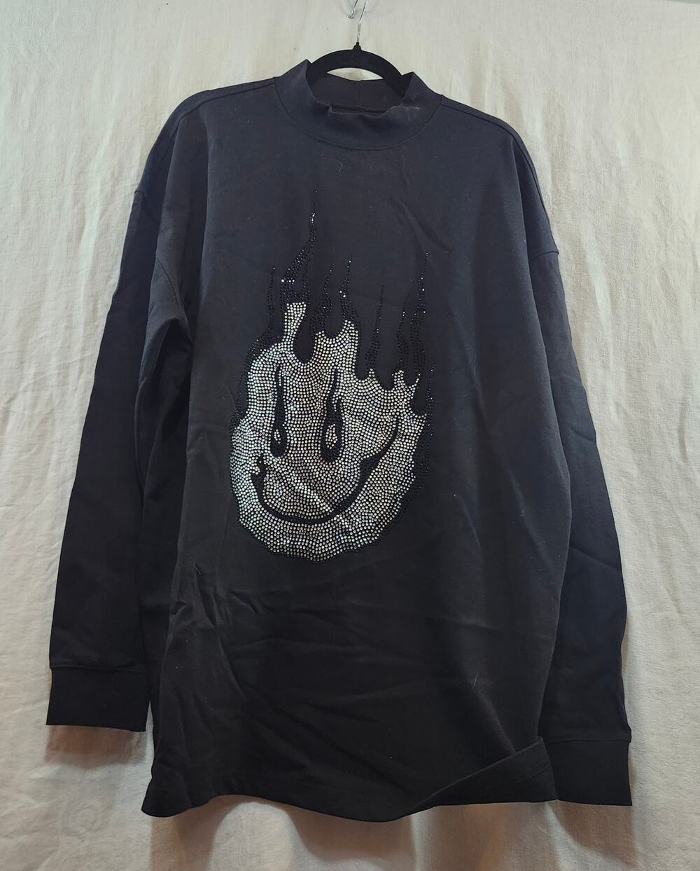 Chinatown Market SZ XXL Black Bejeweled Flaming Smiley Crew Neck Sweatshirt